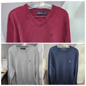 Nautica Men Sweater Crew V Neck L Lightweight Thin Navy Grey Merlot Red Lot 3